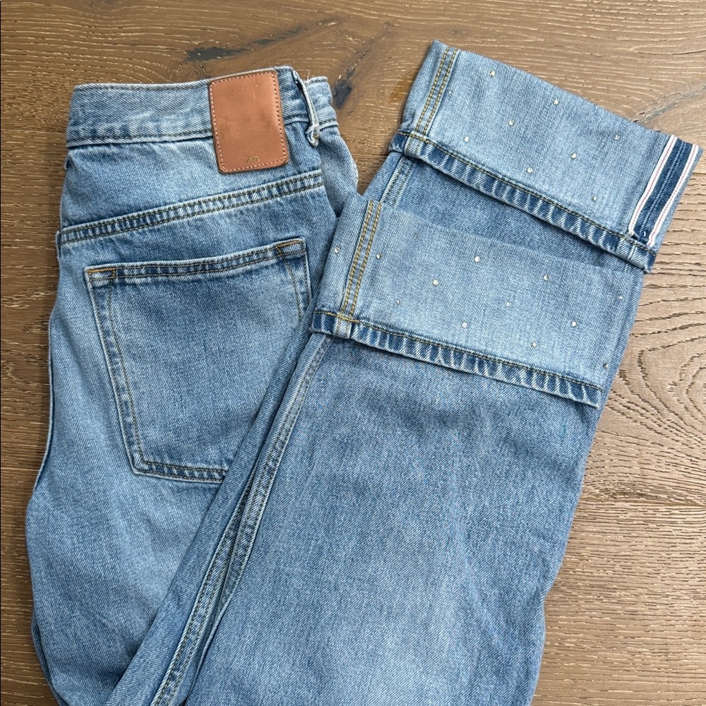 Zara Light Wash Straight Leg Jeans Cuffed Hem Embellished Size 6 - Picture 5 of 7